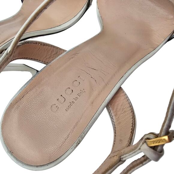 Gucci GG Logo Marmont Block High Heel Sandal White Leather Gold Size 38.5 US 8.5 - Picture 8 of 11